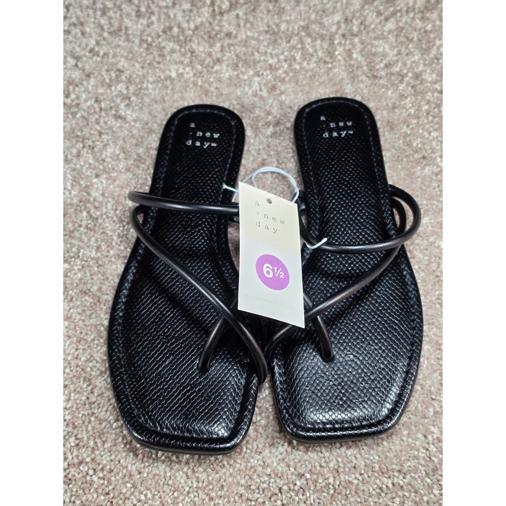 A New Day Ainsley Black Strap Slide Sandals Square Toe Faux Snakeskin Womens 6.5